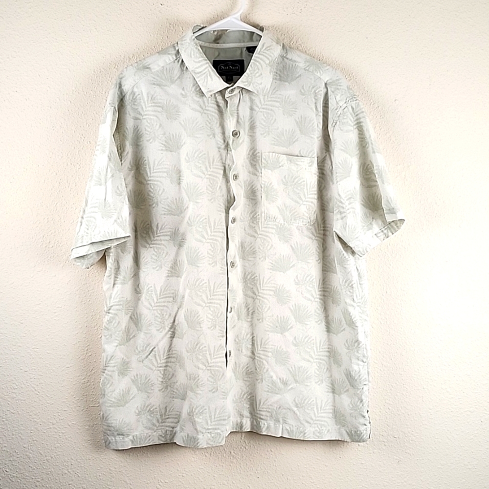 Nat Nast Mens silk button down Hawaiian leaf top mint green XL